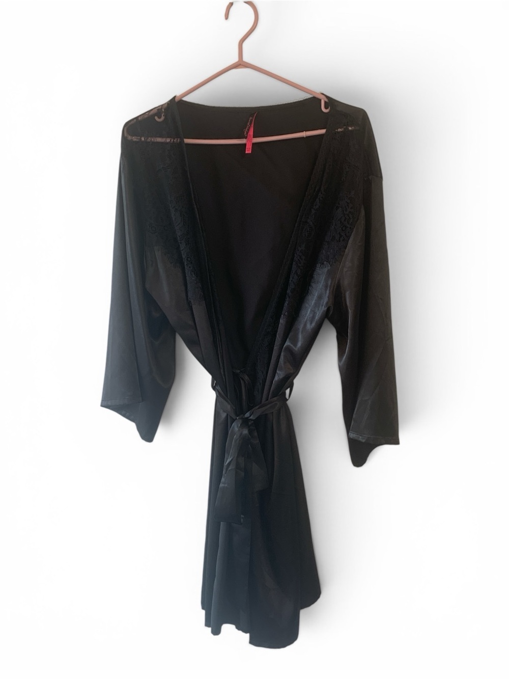 Satin Look Lace-Trim Wrap Robe - Black